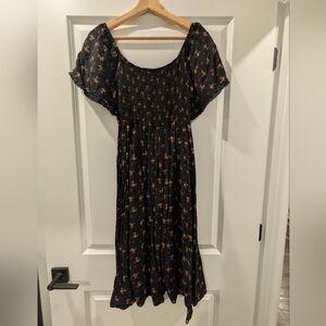 Black and Orange Floral Midi Dress